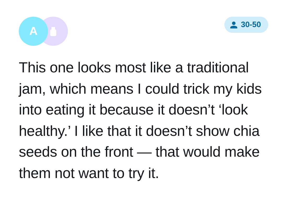 Real shopper verbatim response, age 30 to 50, explaining why a less healthy-looking package won them over